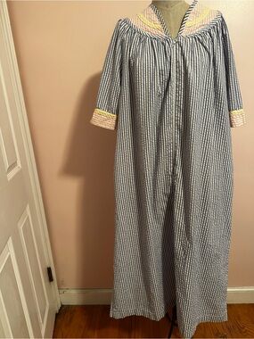 Vintage blue Striped women’s Nightgown with Yellow Trim